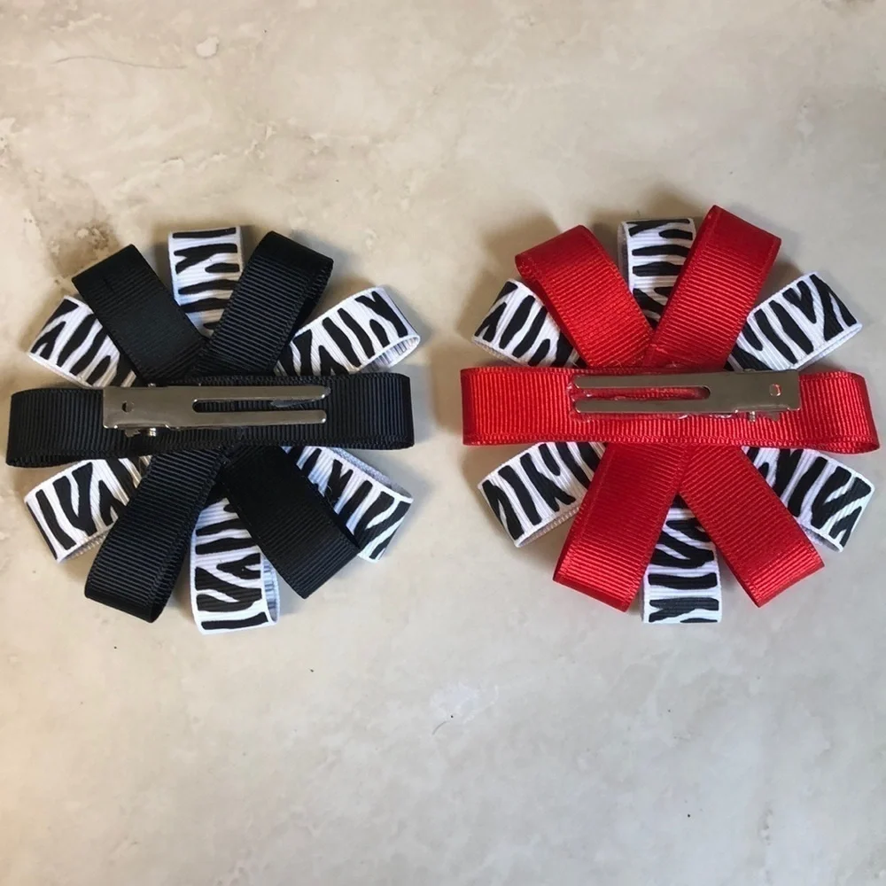 2/$15 Zebra Print Pinwheel Hair Bow Clips Set Red Black Girls Accessories